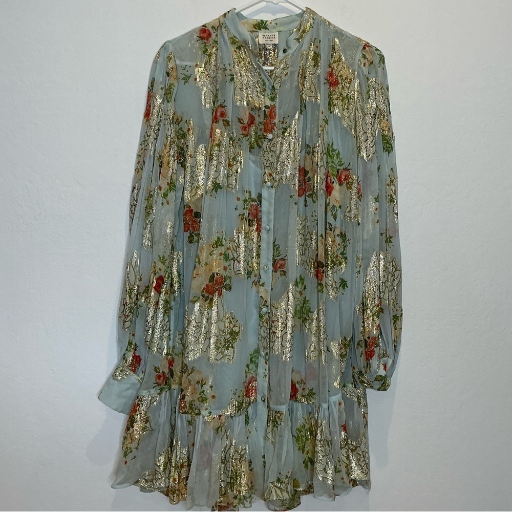 HEMANT & NANDITA Livia Floral Whimsical Sparkly Chiffon Dress with Slip XSmall - Picture 4 of 16